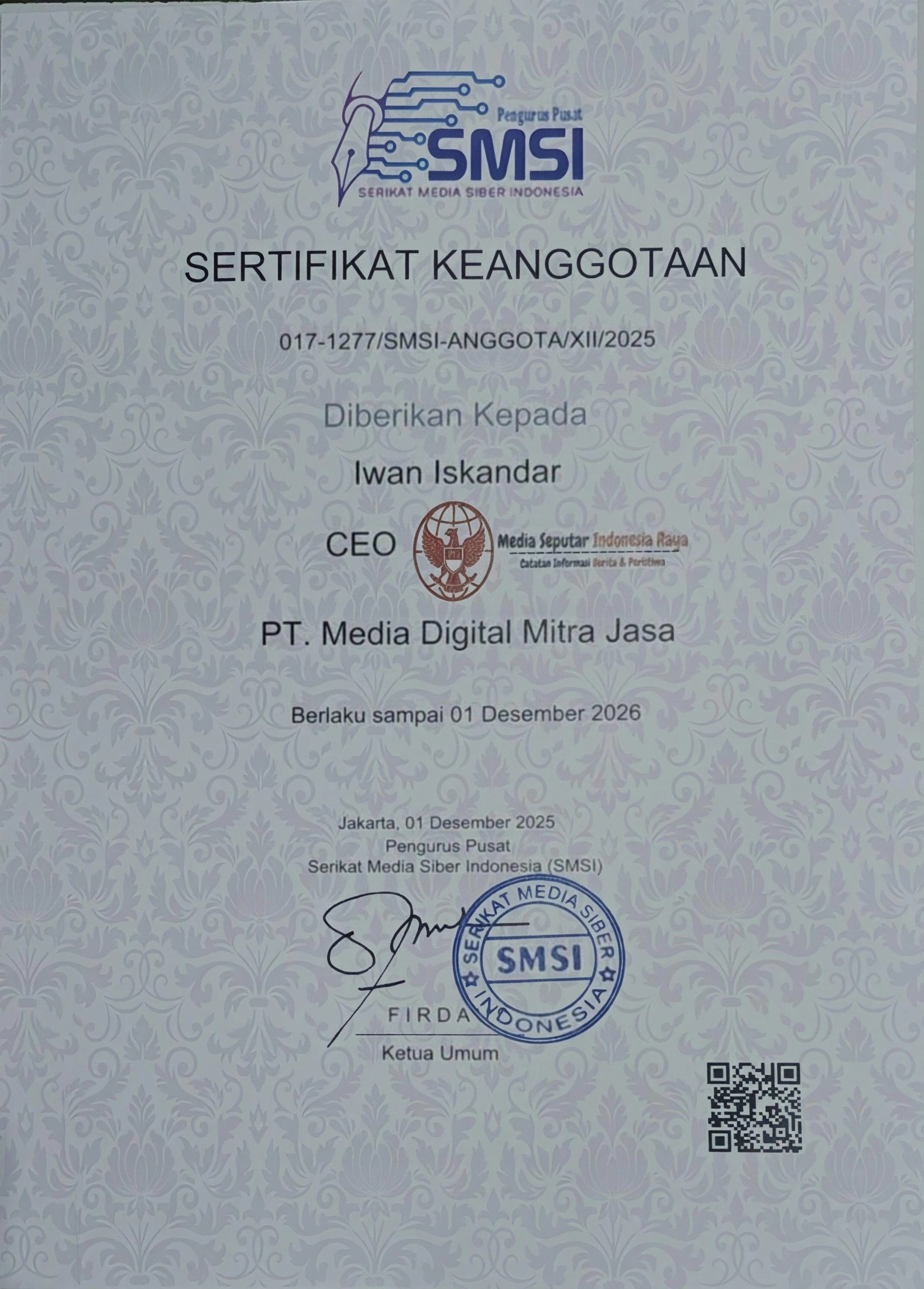 SERTIFIKAT KEANGGOTAAN SERIKAT MEDIA SIBER INDONESIA (SMSI) 