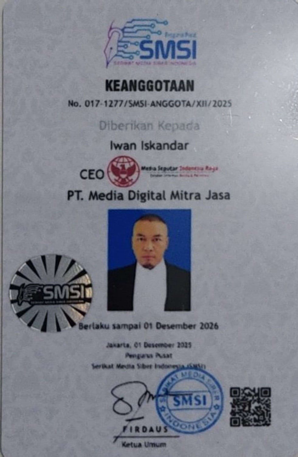 KARTU TANDA ANGGOTA 
SERIKAT MEDIA SIBER INDONESIA (SMSI) PUSAT