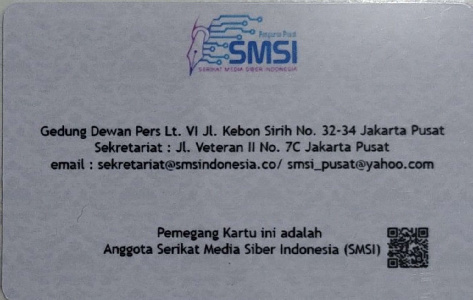 KARTU TANDA ANGGOTA 
SERIKAT MEDIA SIBER INDONESIA (SMSI) PUSAT